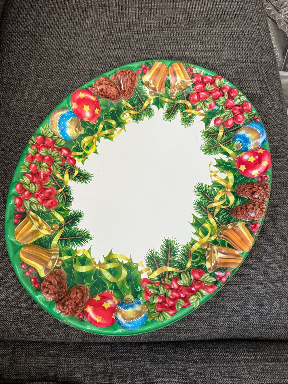 Holiday Decorative Serving Platter - Green Christmas Wreath Design vintage